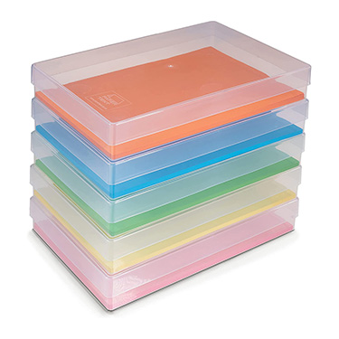 Five stacked pvc storage boxes containing coloured card